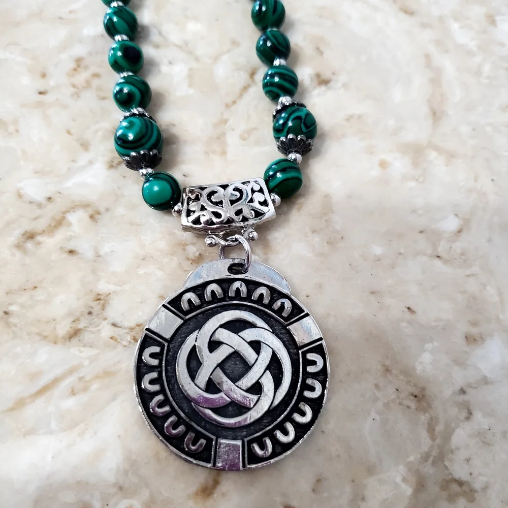 Green Beaded Malachite Silvertone Chain Necklace Celtic Pendant marked CM